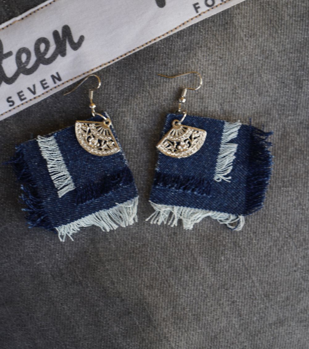 Denim Square Earring with Frays Design by 1947 Clothing