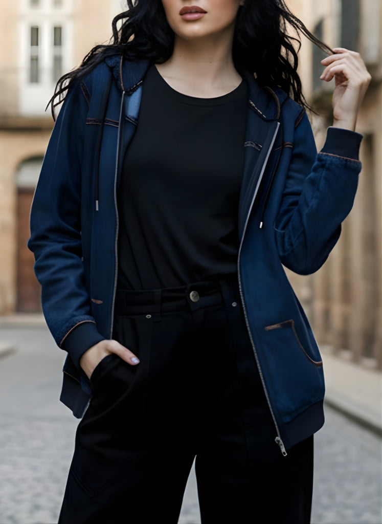 Dark Blue Denim Hoodie-Women