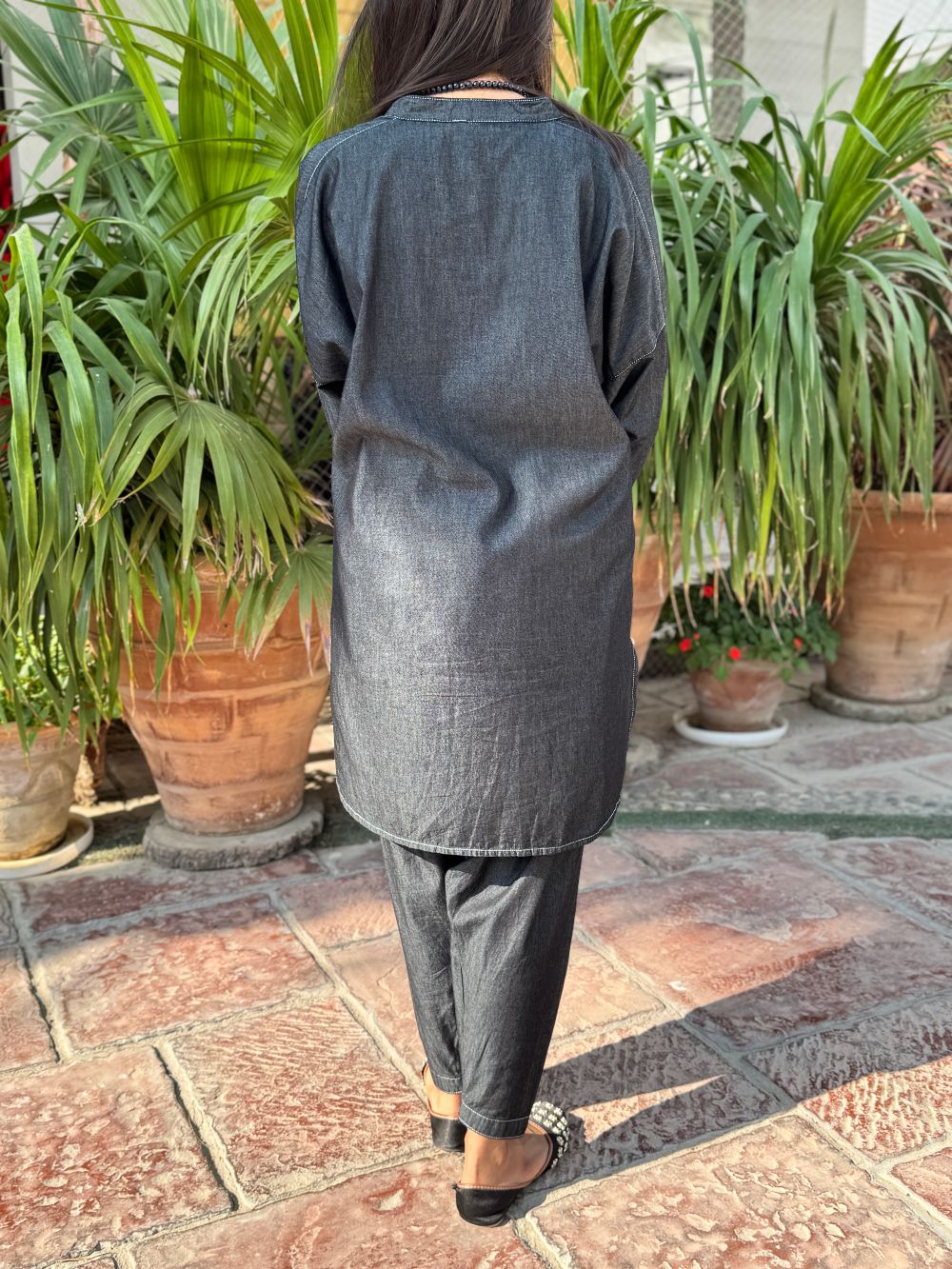 Kohl Grey Denim Mid Length Shirt with Tulip Trouser made from light weight denim by 1947 Clothing
