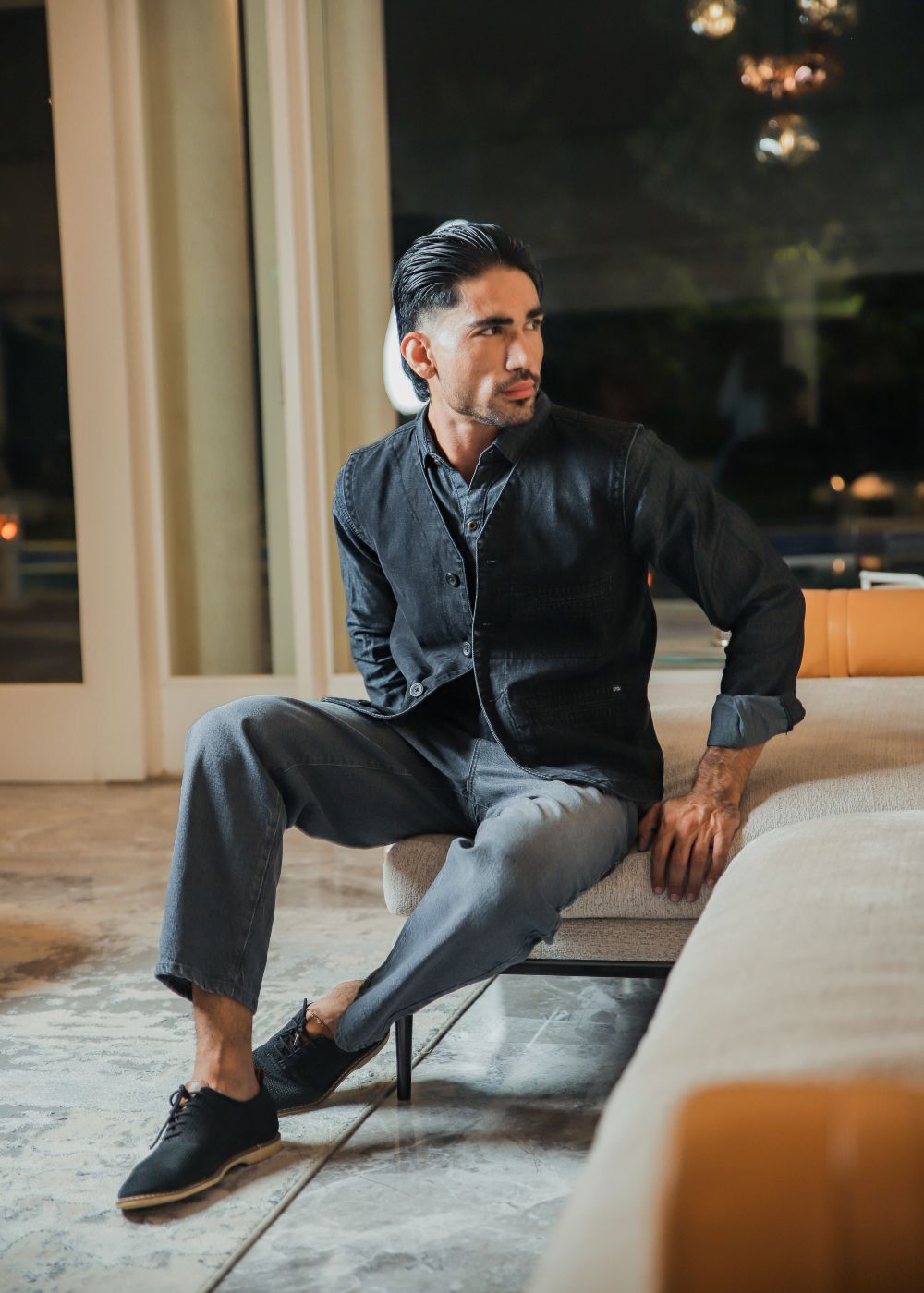 Men's black denim waistcoat with button front