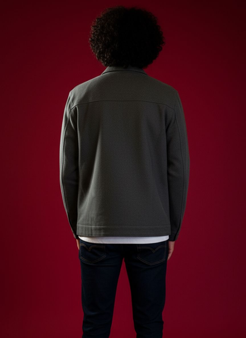 Men's grey denim shacket with button front and chest pockets