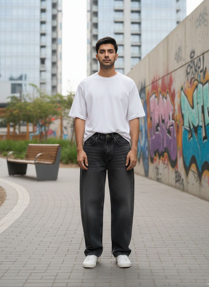 Men’s oversized fit black wide leg jeans with flowy silhouette