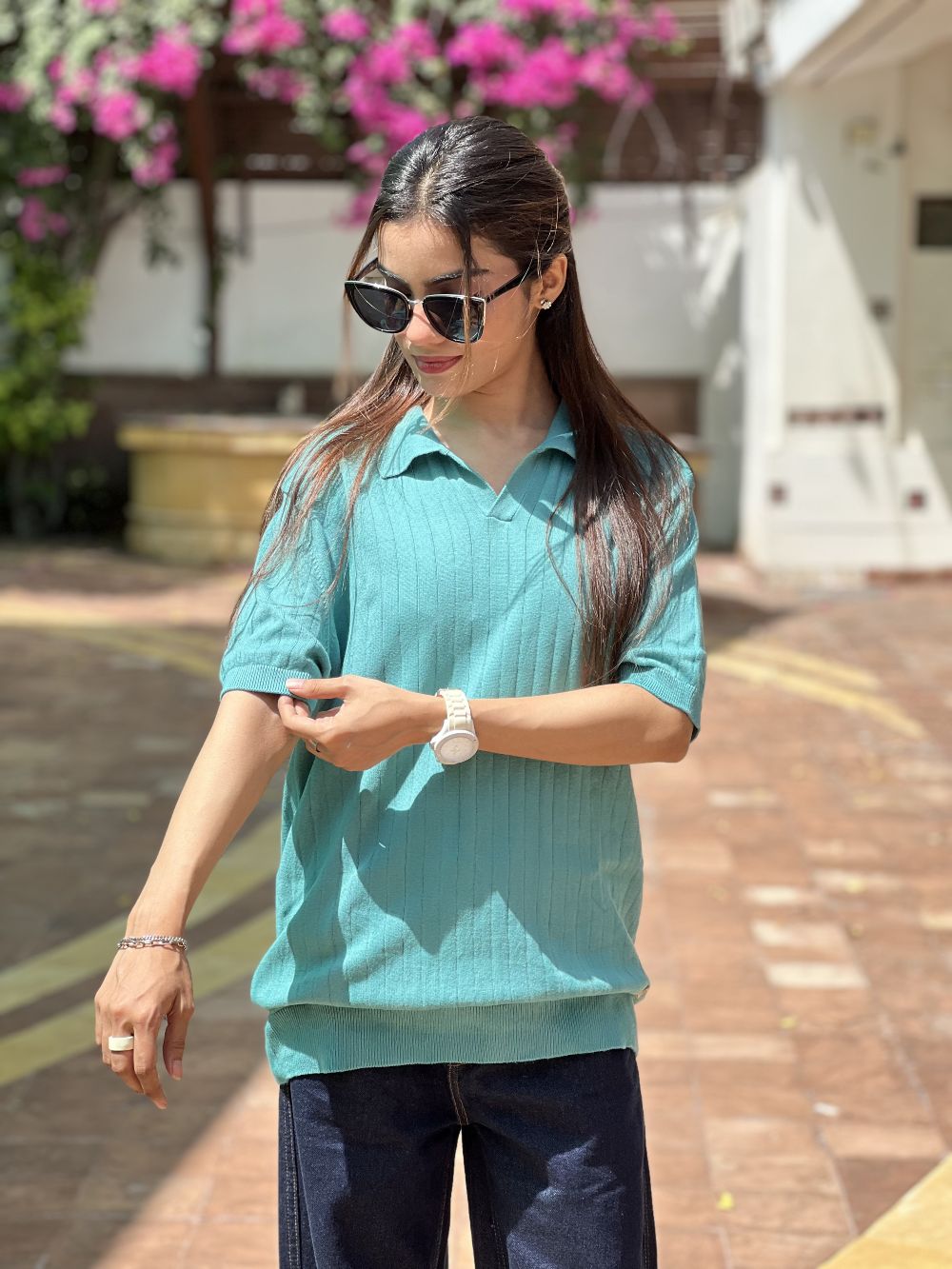 Sea Green Knitted Drop Needle Johnny Collar Polo by 1947 Clothing