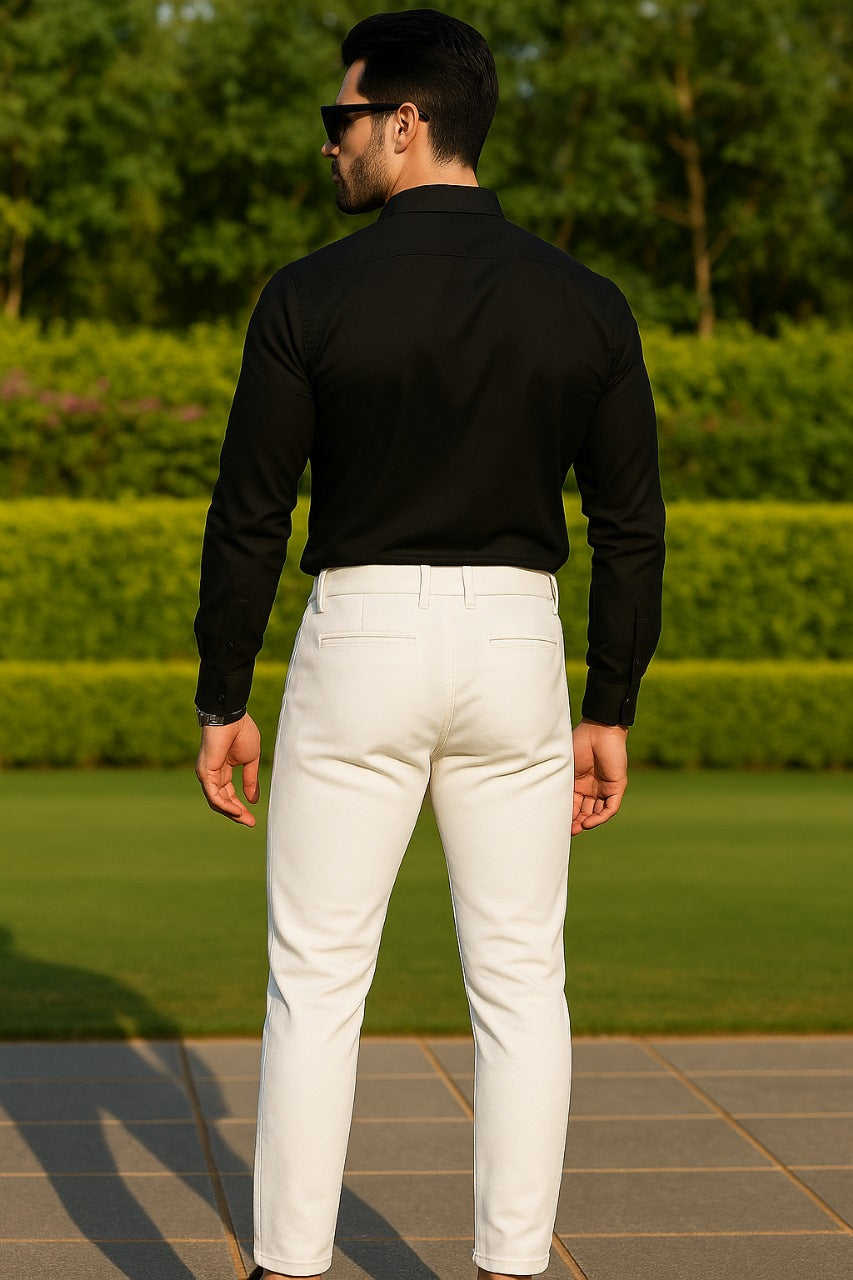 White slim fit formal jeans men clean look stretch fabric smart casual outdoor outfit