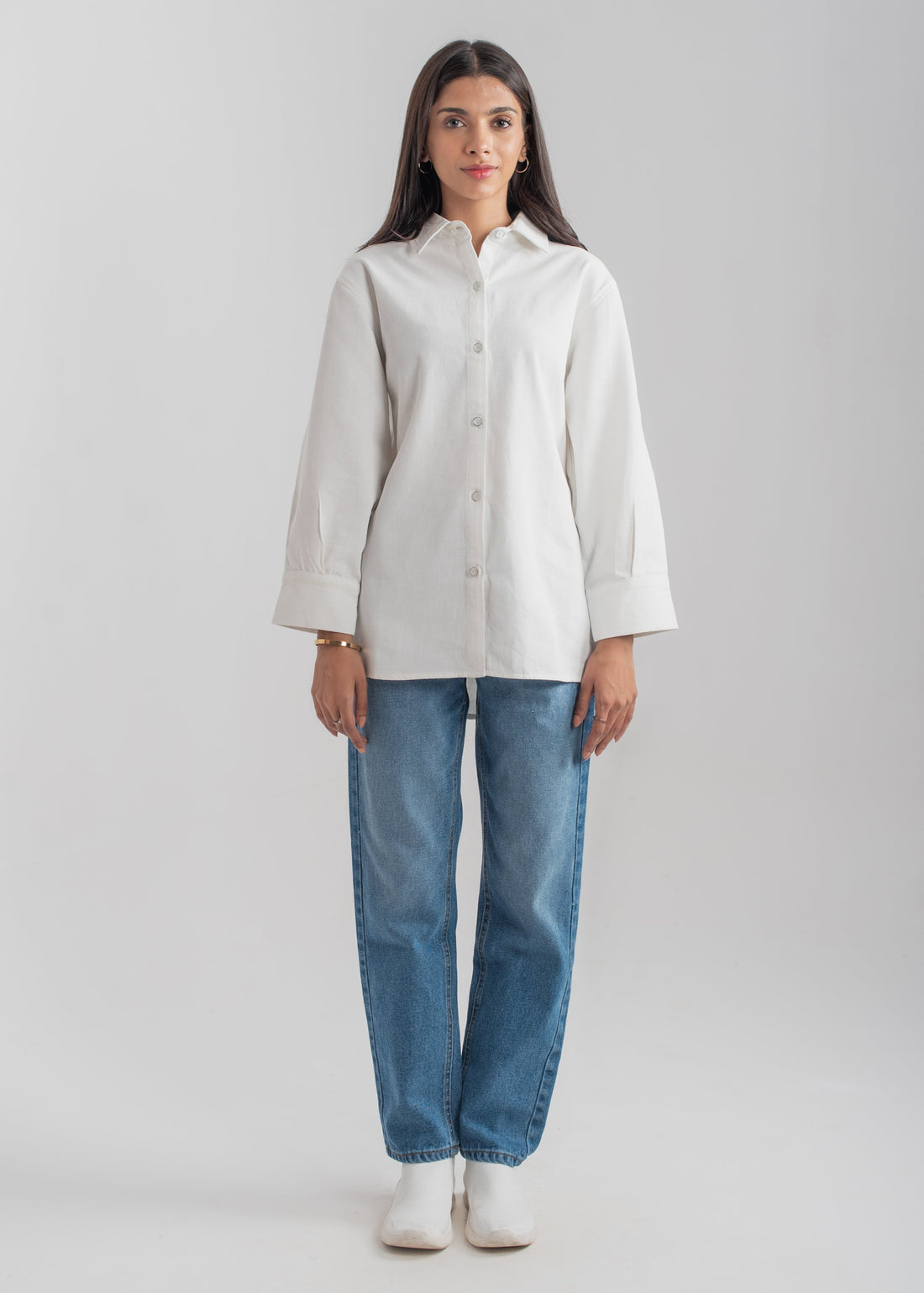 Women's Denim Button Down Shirt in White with a Collared Neckline and Buttons Down the Front