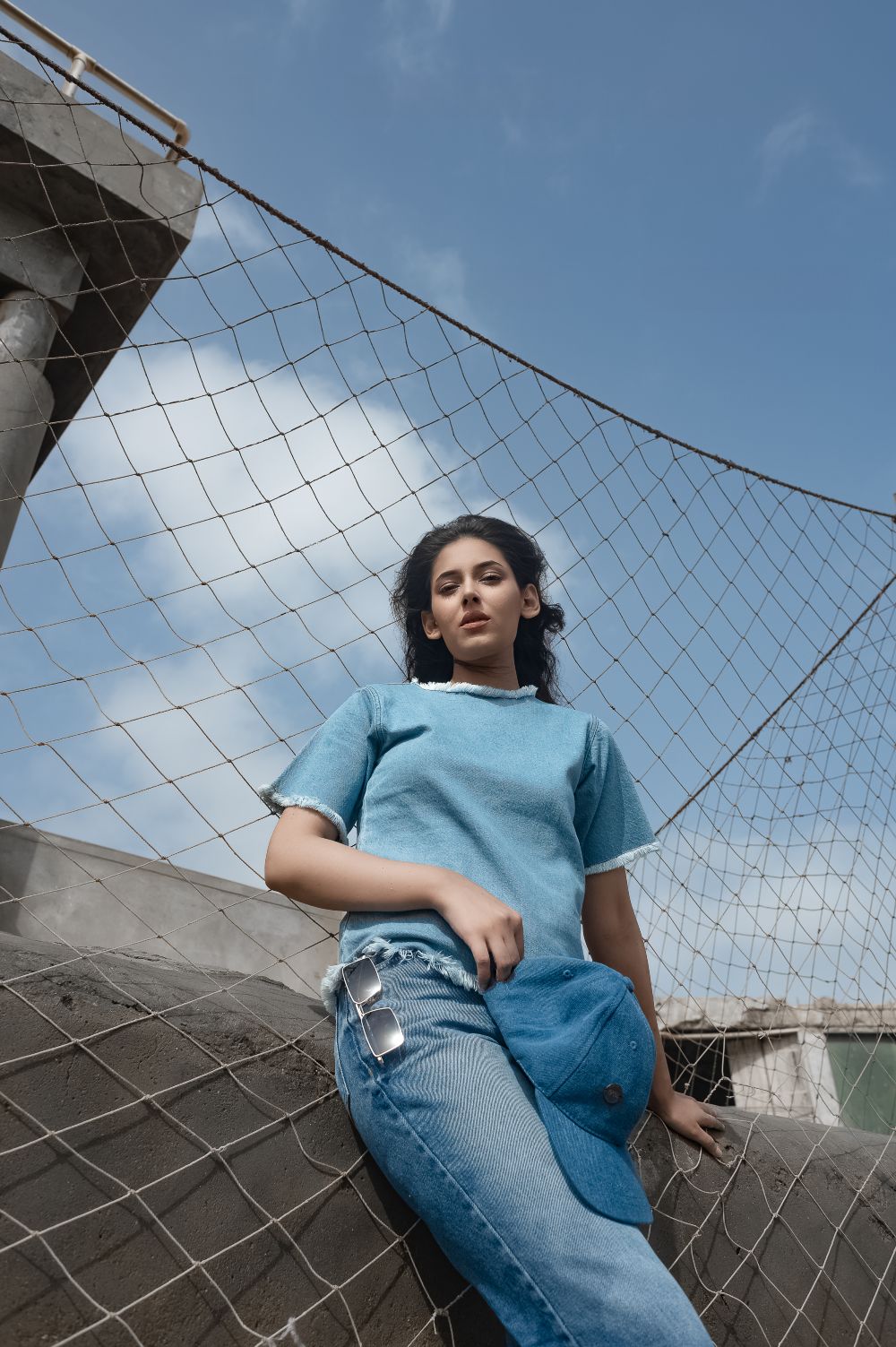 Denim Crew Neck Shirt with Half Sleeves and a Zip Fasted at the Back