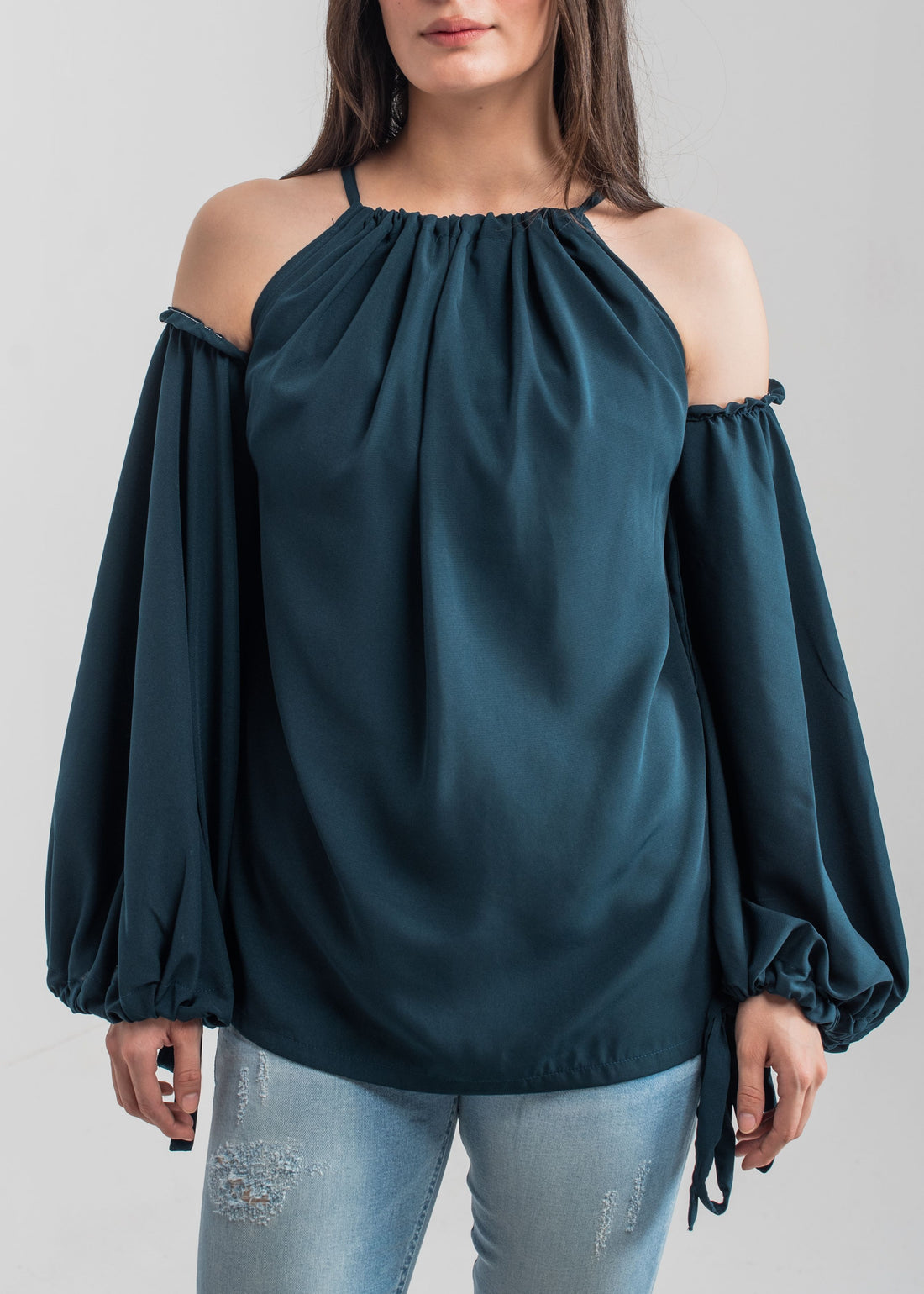 Women's Halter Top in Dark Teal with a Strawstring Knot Detailing