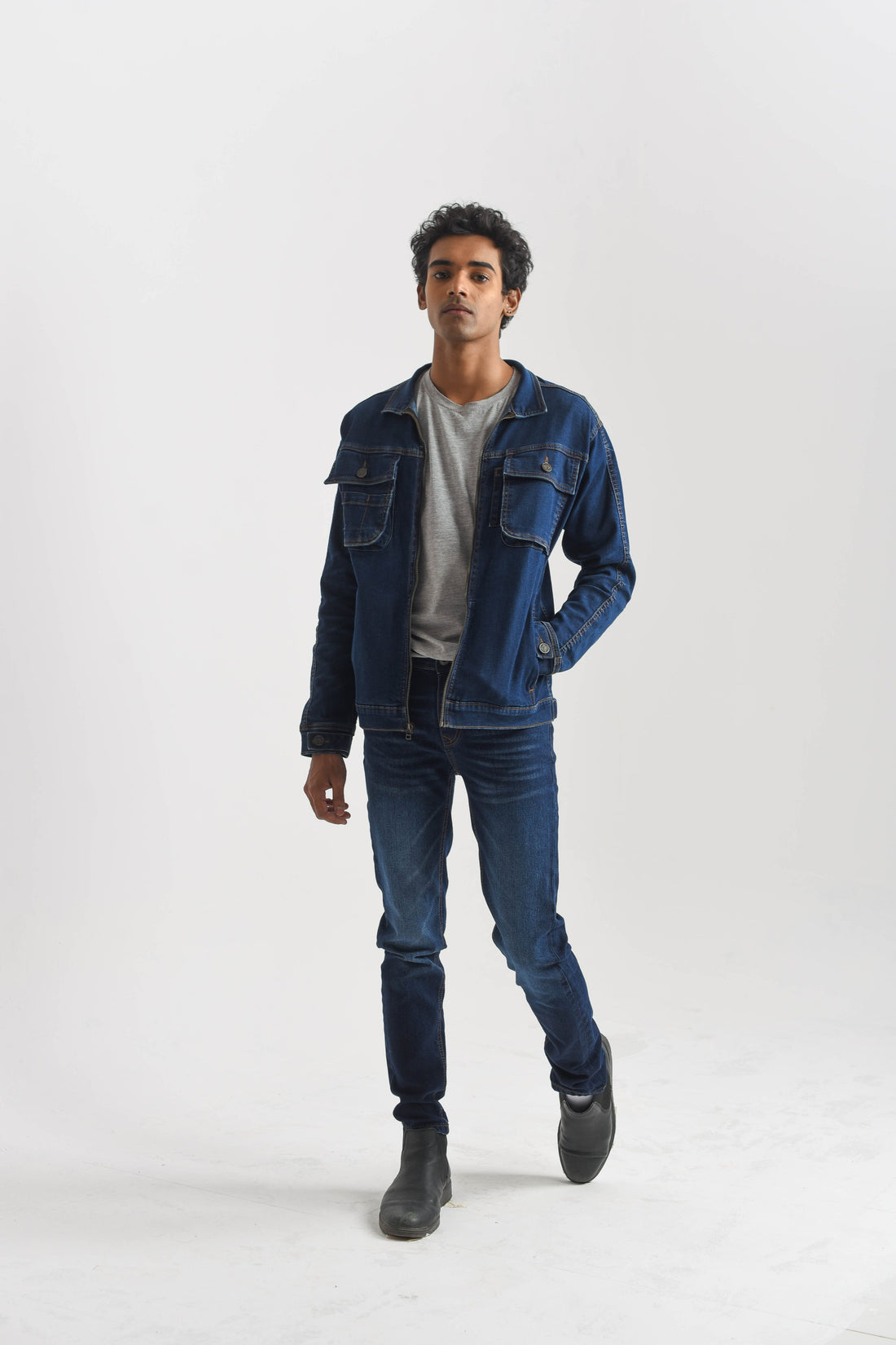 Men's Dark Blue Denim Jacket with Button Front Closure and Button-Flap Chest Pockets