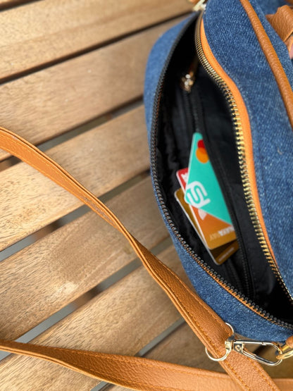 Blue Denim Cross Body Bag made with Leatherette by 1947 Clothing