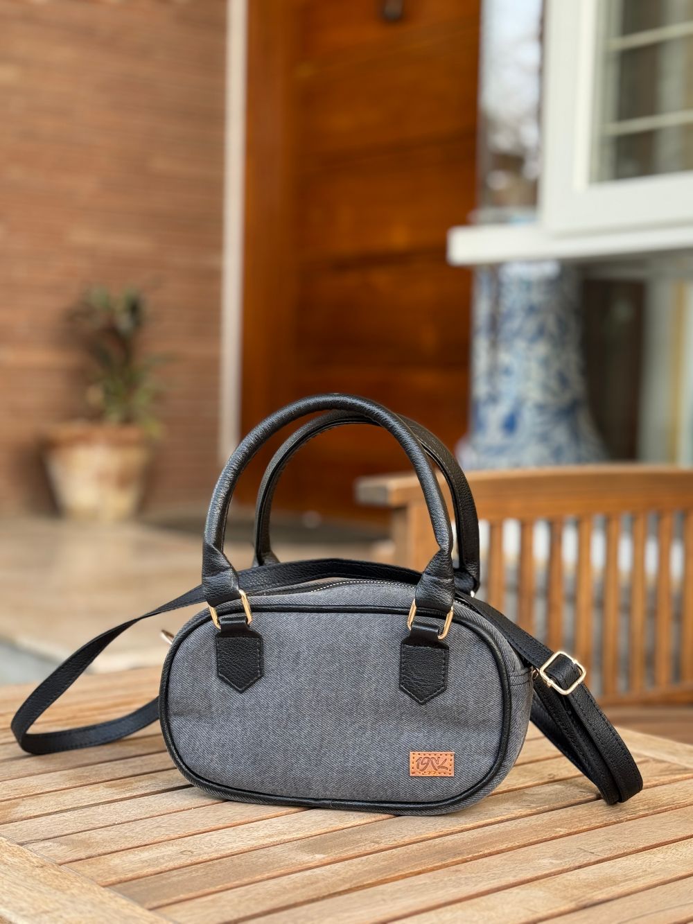 Grey Denim Cross Body Bag made with Leatherette by 1947 Clothing