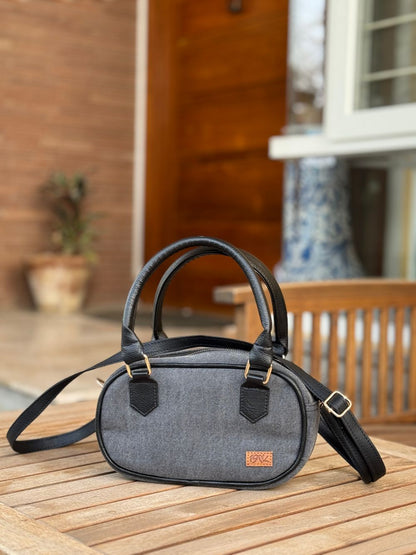 Grey Denim Cross Body Bag made with Leatherette by 1947 Clothing