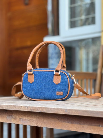 Blue Denim Cross Body Bag made with Leatherette by 1947 Clothing