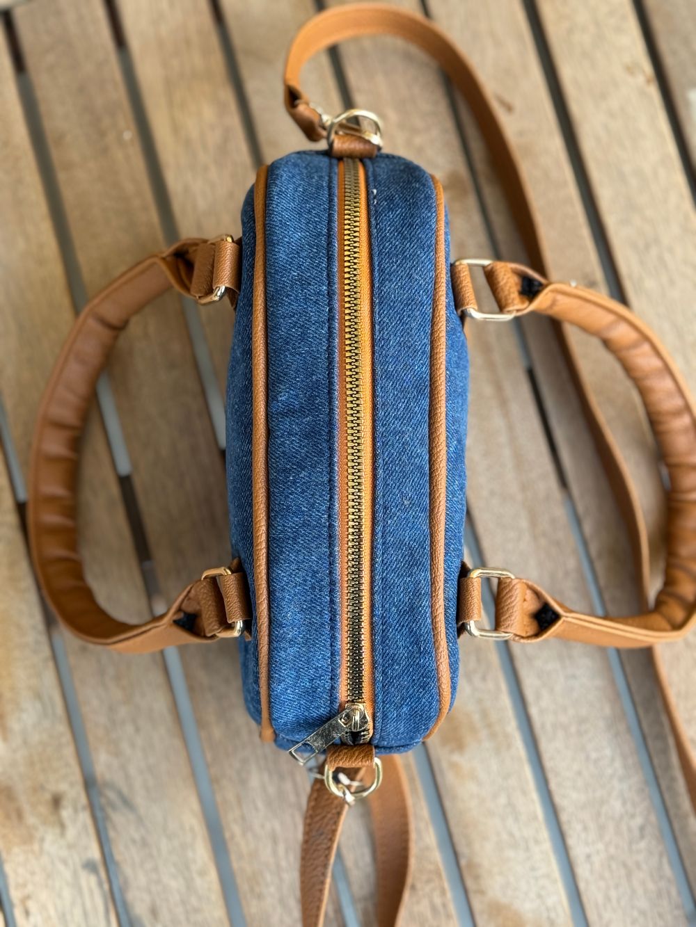 Blue Denim Cross Body Bag made with Leatherette by 1947 Clothing