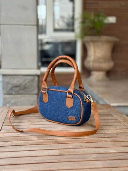 Blue Denim Cross Body Bag made with Leatherette by 1947 Clothing