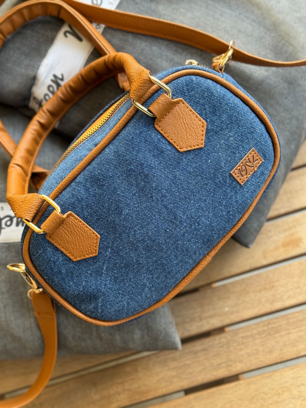 Blue Denim Cross Body Bag made with Leatherette by 1947 Clothing
