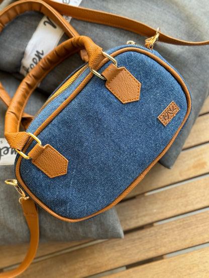 Blue Denim Cross Body Bag made with Leatherette by 1947 Clothing