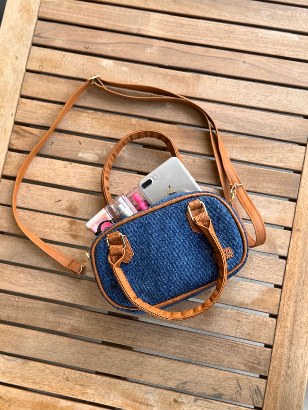 Blue Denim Cross Body Bag made with Leatherette by 1947 Clothing
