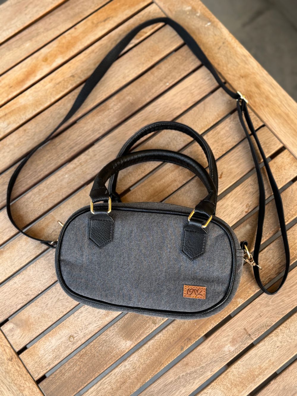 Grey Denim Cross Body Bag made with Leatherette by 1947 Clothing
