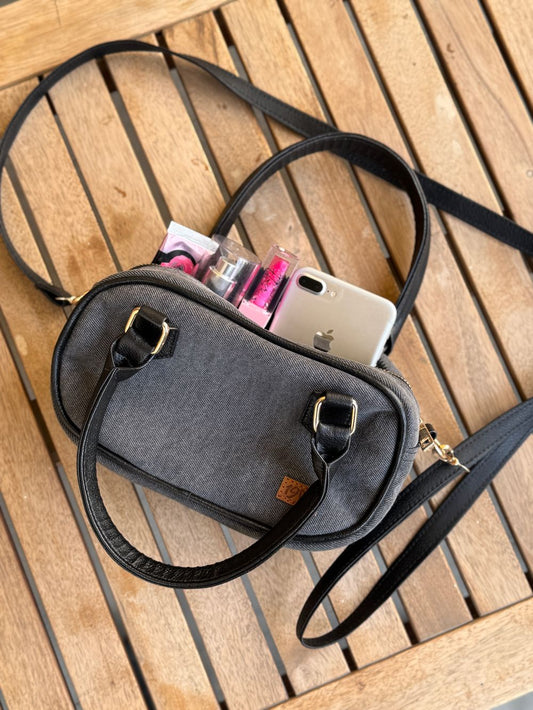 Grey Denim Cross Body Bag made with Leatherette by 1947 Clothing