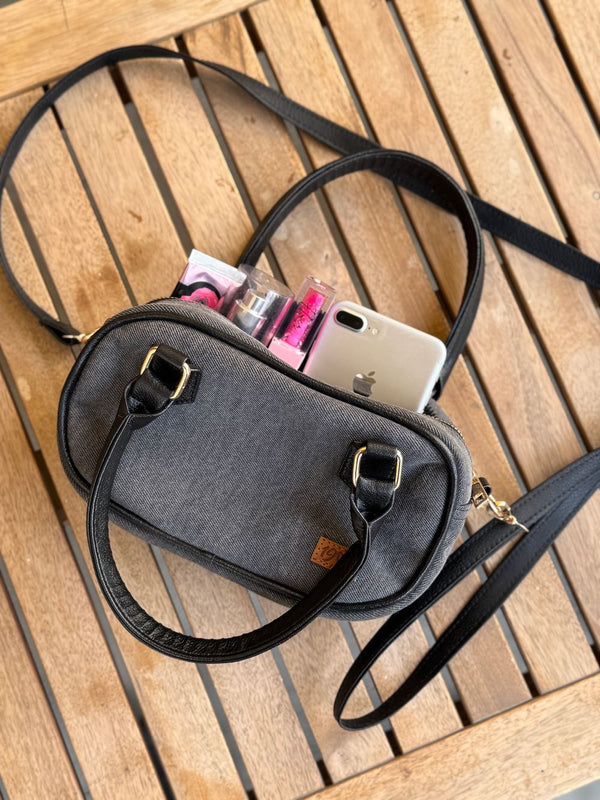 Grey Denim Cross Body Bag made with Leatherette by 1947 Clothing
