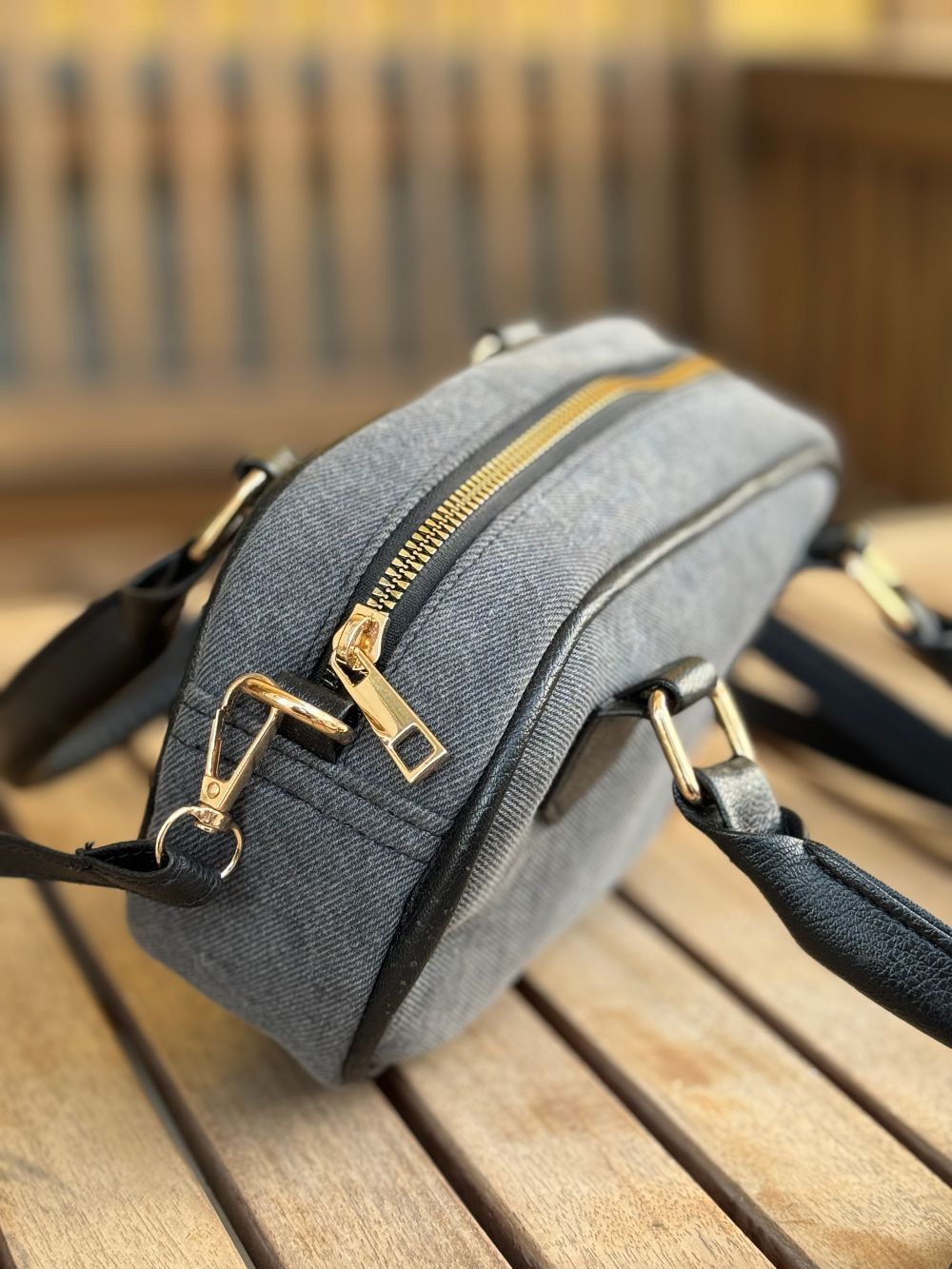 Grey Denim Cross Body Bag made with Leatherette by 1947 Clothing