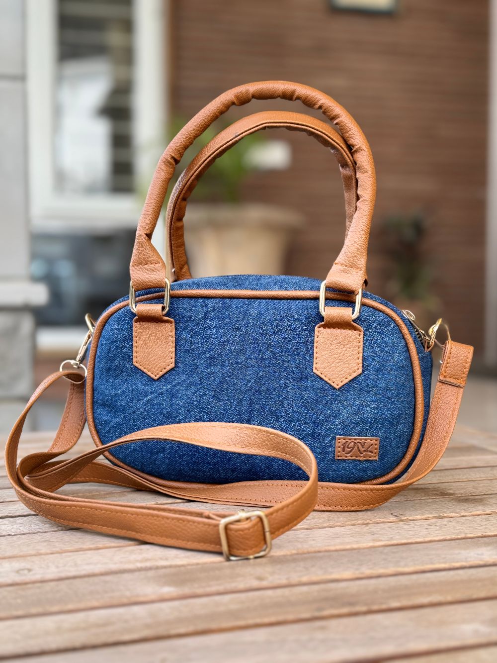 Blue Denim Cross Body Bag made with Leatherette by 1947 Clothing