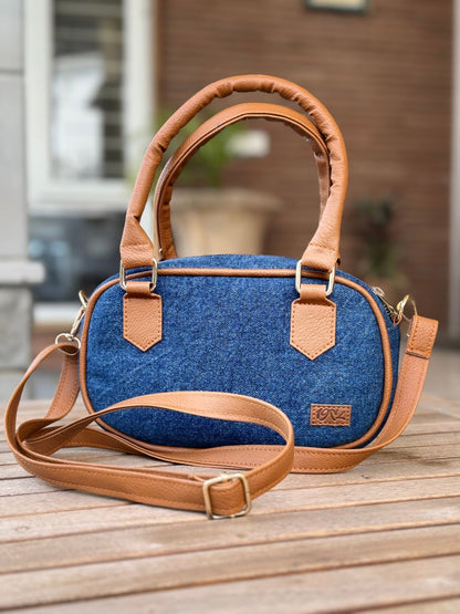 Blue Denim Cross Body Bag made with Leatherette by 1947 Clothing