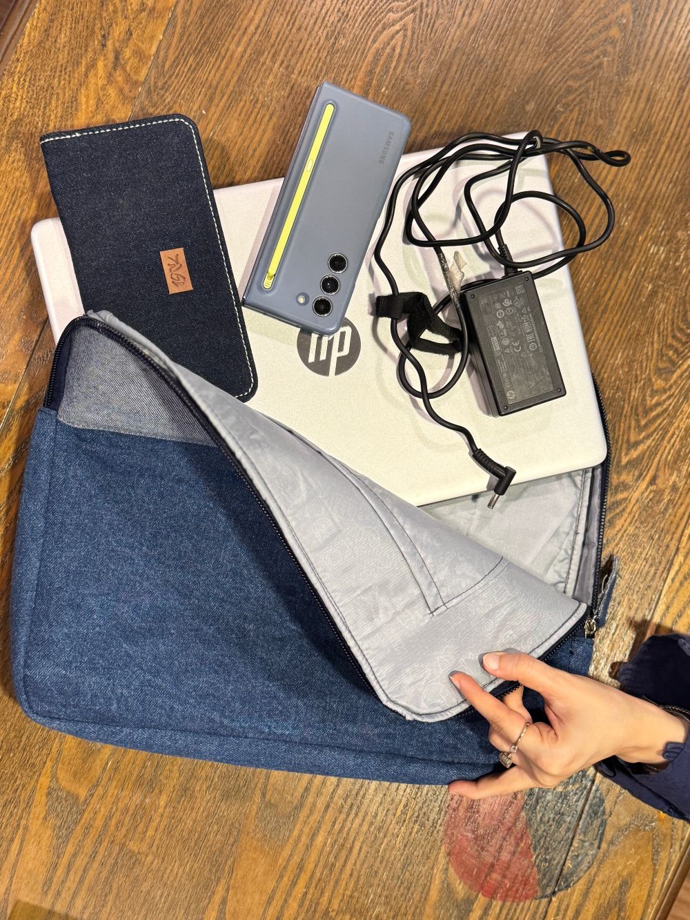 Denim Laptop Sleeve made with lining and inner pouches for safe and secure storage by 1947 Clothing