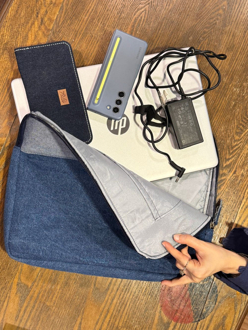 Denim Laptop Sleeve made with lining and inner pouches for safe and secure storage by 1947 Clothing