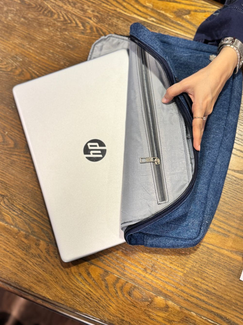 Denim Laptop Sleeve made with lining and inner pouches for safe and secure storage by 1947 Clothing