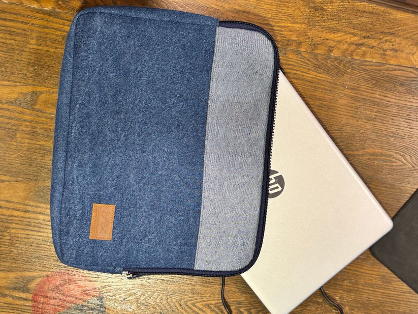 Denim Laptop Sleeve made with lining and inner pouches for safe and secure storage by 1947 Clothing