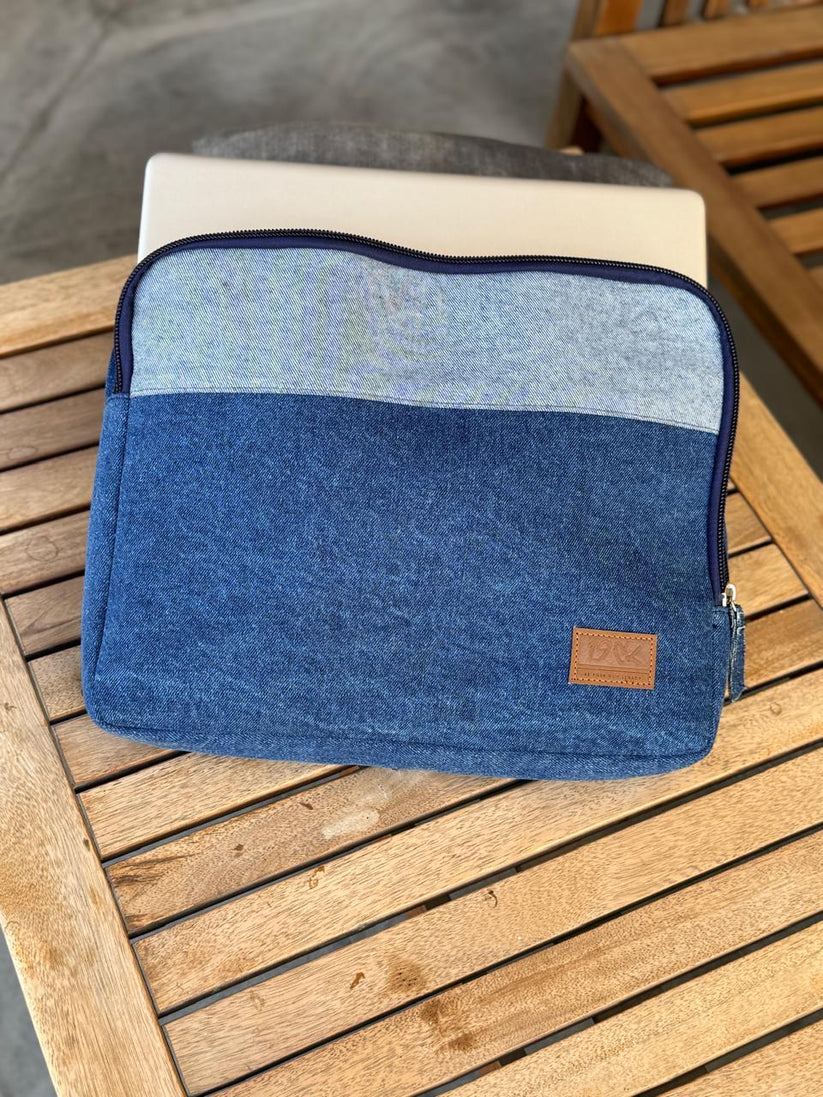 Denim Laptop Sleeve made with lining and inner pouches for safe and secure storage by 1947 Clothing