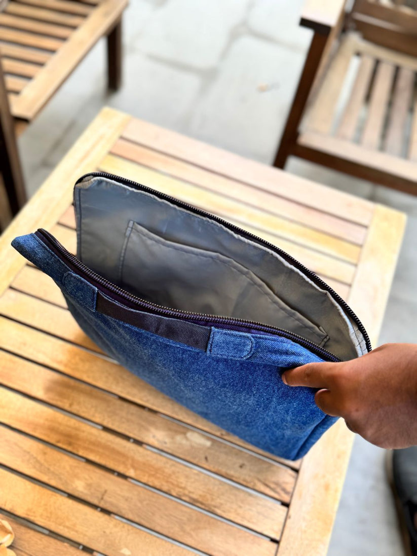 Denim Laptop Sleeve made with lining and inner pouches for safe and secure storage by 1947 Clothing