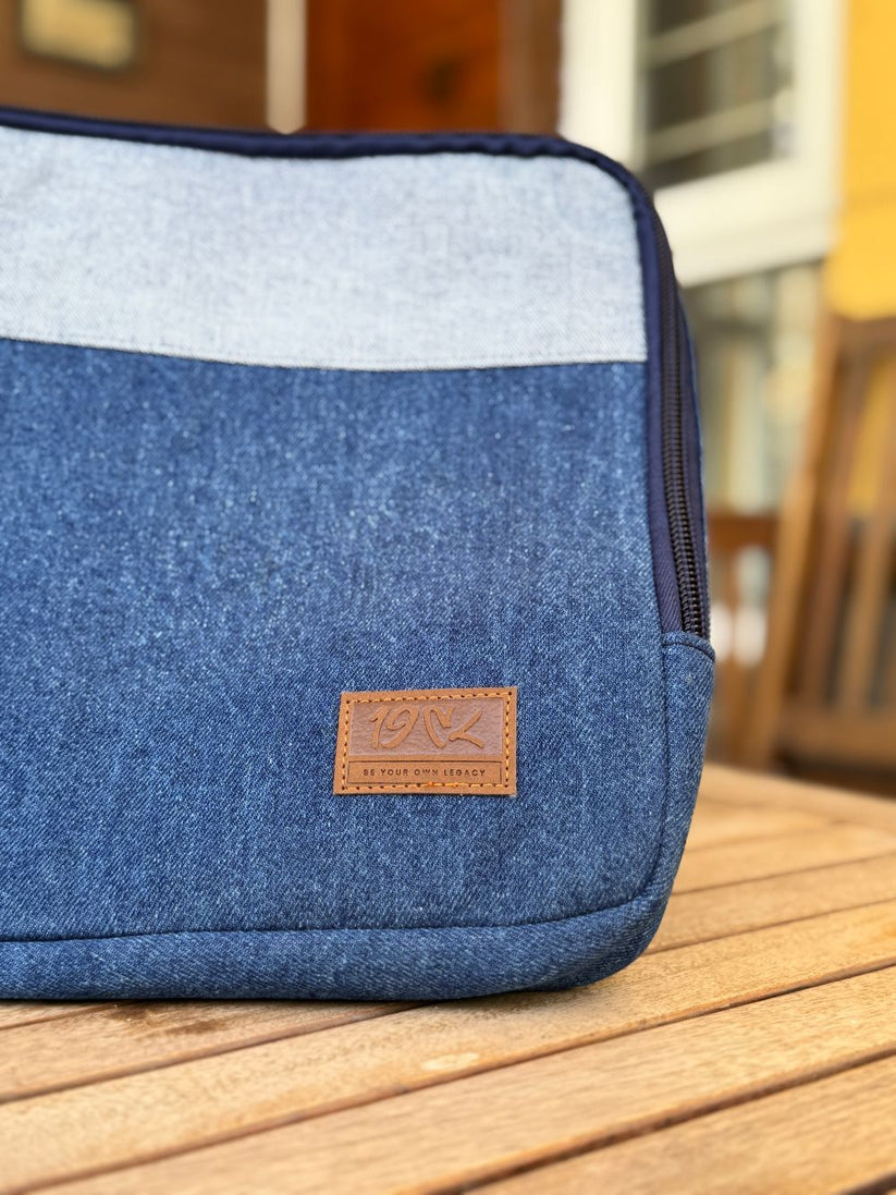 Denim Laptop Sleeve made with lining and inner pouches for safe and secure storage by 1947 Clothing