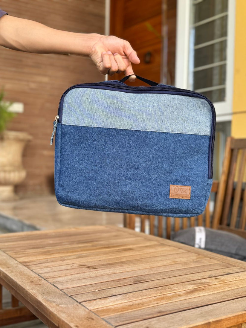 Denim Laptop Sleeve made with lining and inner pouches for safe and secure storage by 1947 Clothing