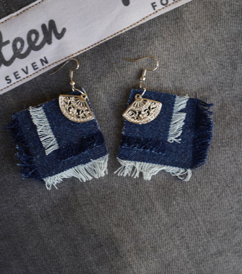 Denim Square Earring with Frays Design by 1947 Clothing