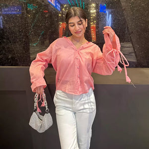 Peach Pink Shirt with Stringed Sleeves