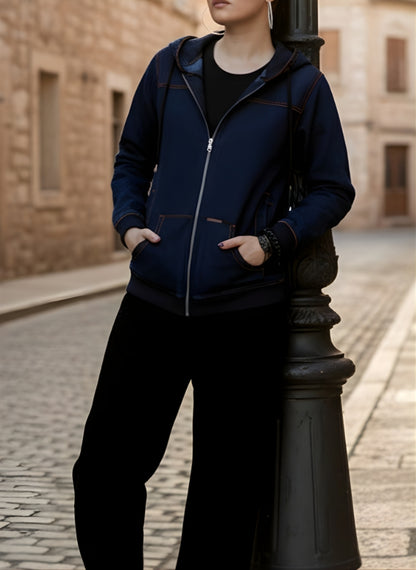 Dark Blue Denim Hoodie-Women