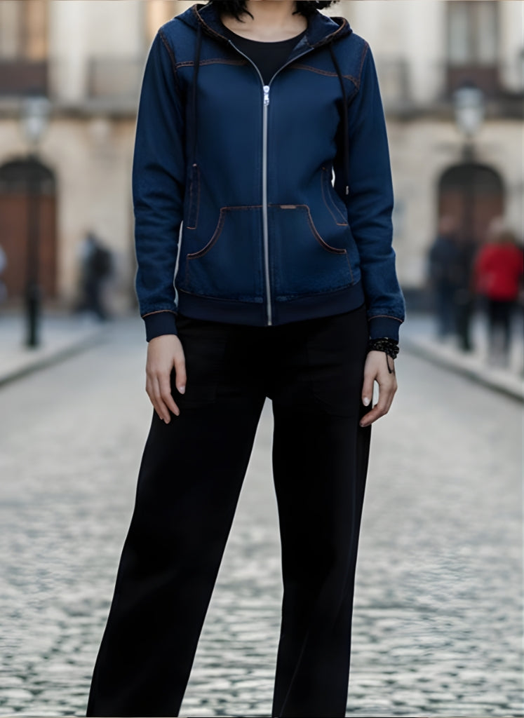 Dark Blue Denim Hoodie-Women