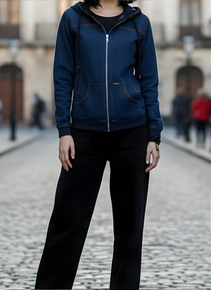 Dark Blue Denim Hoodie-Women