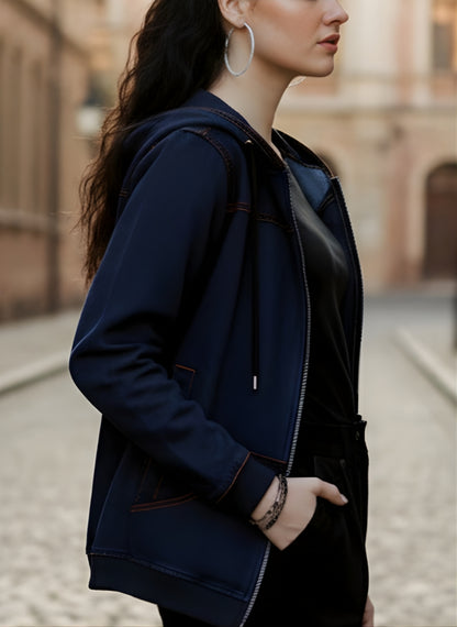 Dark Blue Denim Hoodie-Women