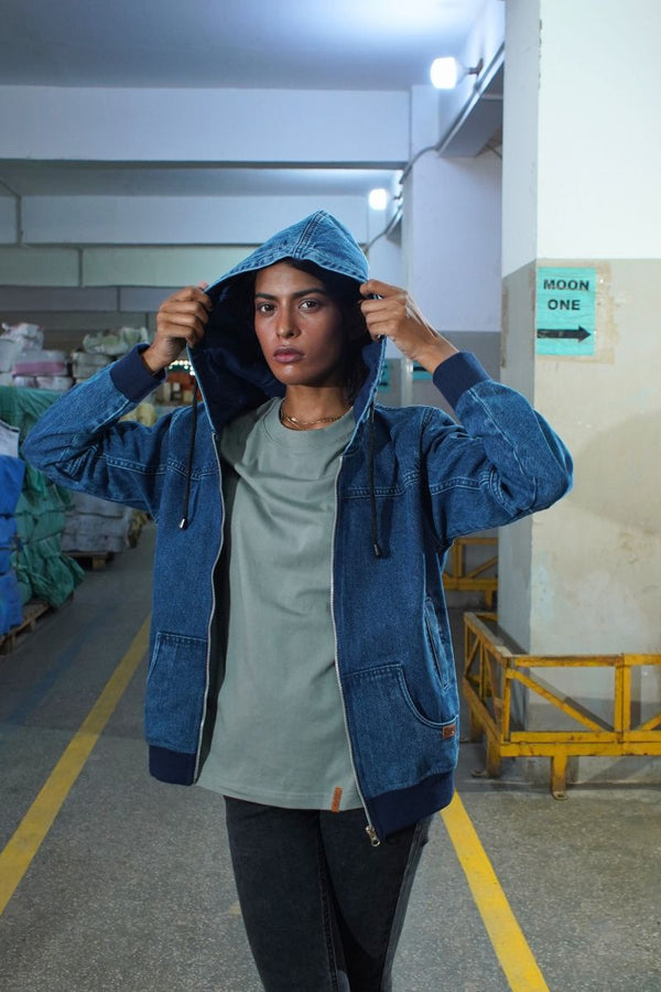 Blue Denim Hoodie with Zipper For Women 