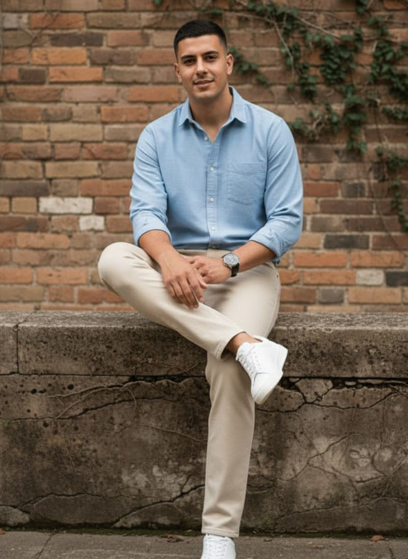 Men’s straight fit beige jeans with classic side pocket style