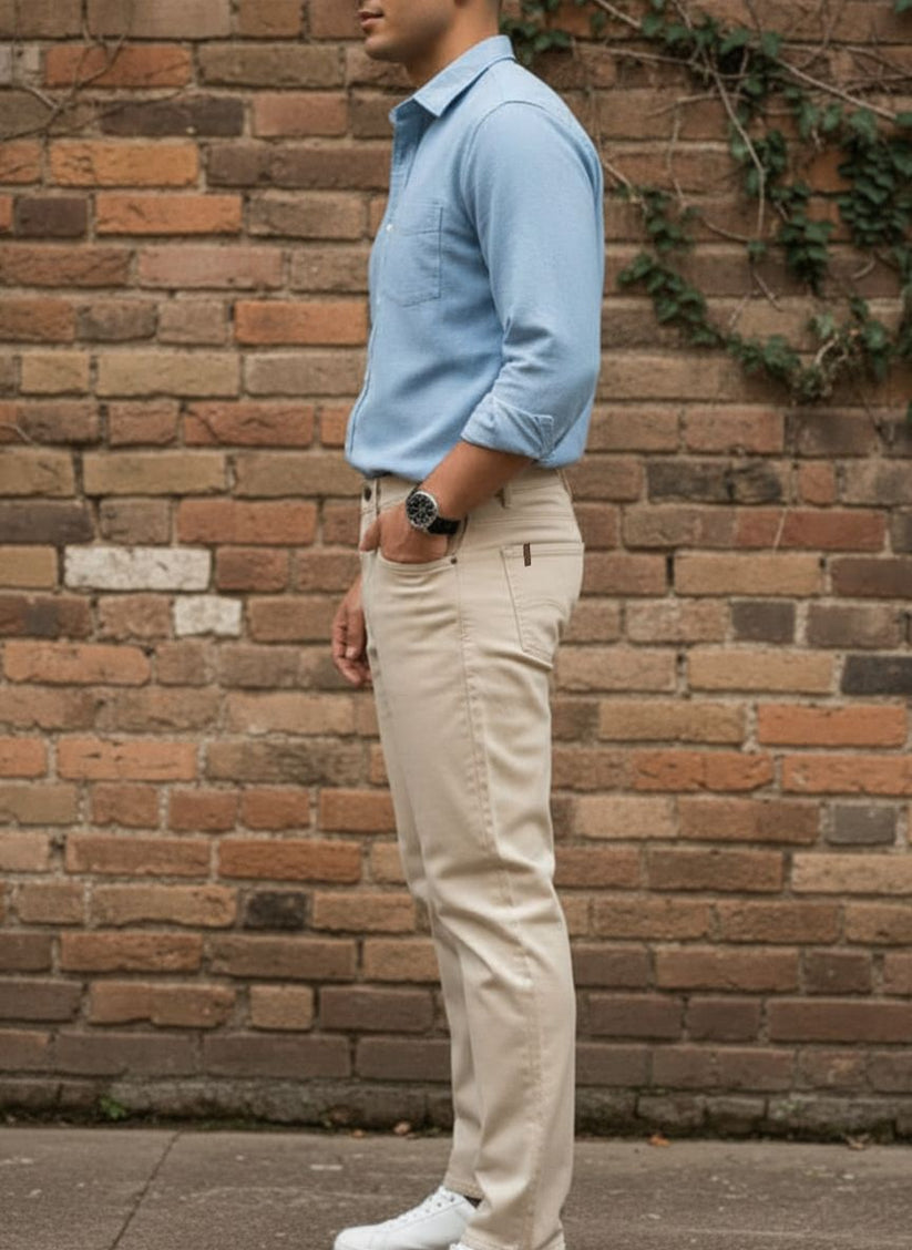 Men’s straight fit beige jeans with classic side pocket style