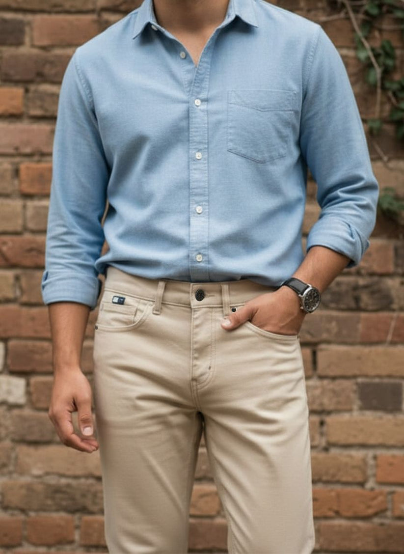 Men’s straight fit beige jeans with classic side pocket style