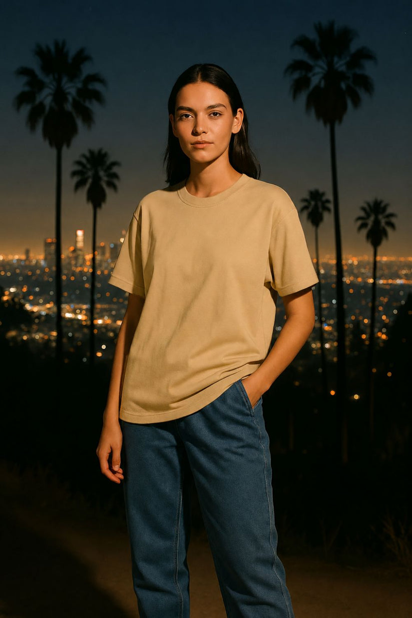 Women's Drop Shoulder Tshirt in Beige with Denim Patches