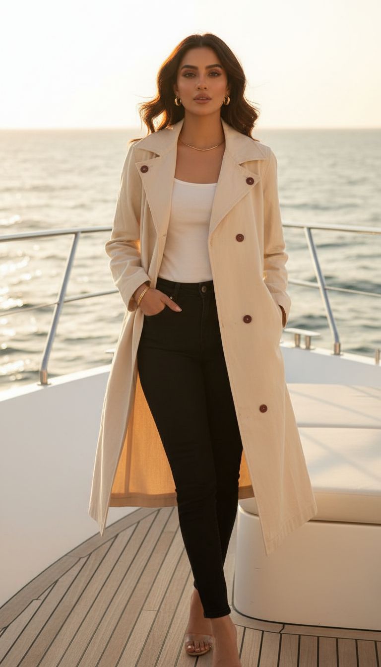 Beige Lapel Long Coat Crafted from High-Quality Denim