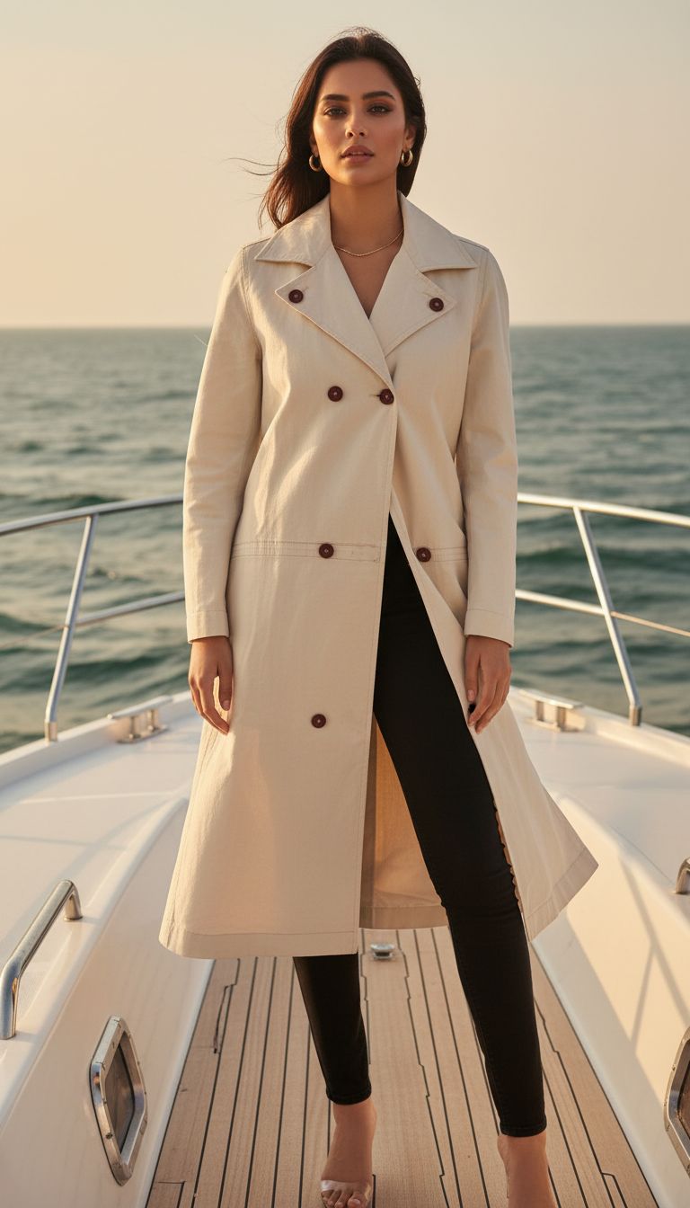 Beige Lapel Long Coat Crafted from High-Quality Denim