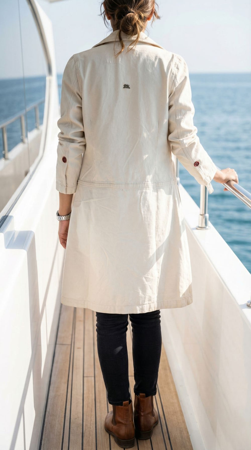 Beige Lapel Long Coat Crafted from High-Quality Denim