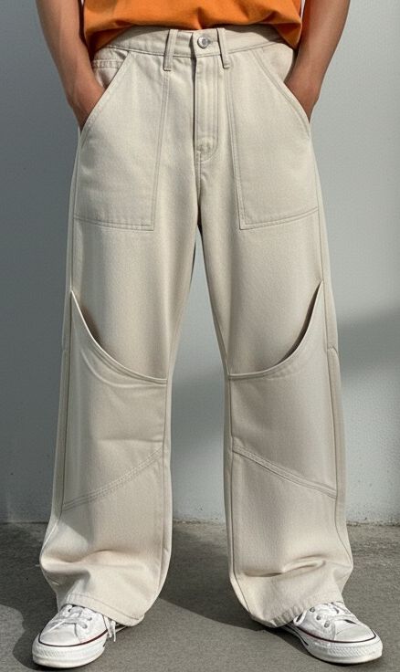 Beige patchline loose fit jeans men wide leg panel design modern streetwear look